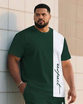 Men's Plus Size Casual Simple Green & White Color-block Handwritten "Respect" Printed Short-sleeved T-shirt Shorts Suit